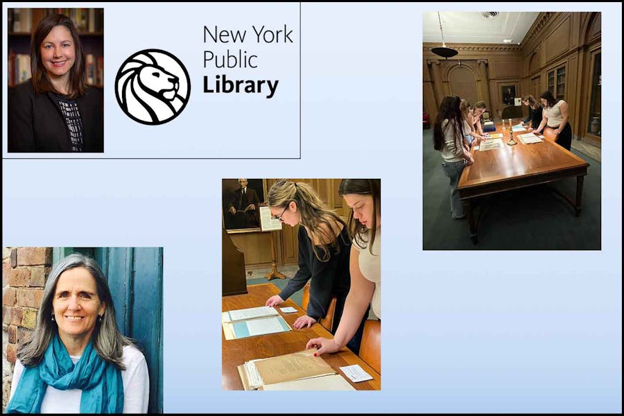 Photos of students looking at manuscripts laid out on a table in the New York Public Library; headshot of Carolyn Vega next to the logo of the library which features a line drawing of a lion; and a headshot of Stephanie Browner